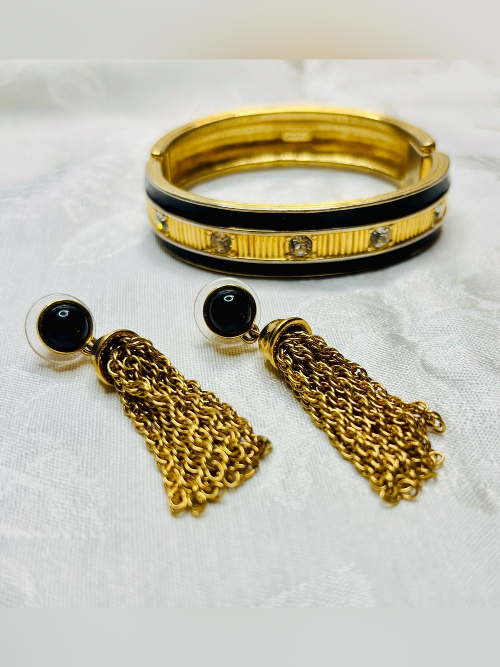 Vintage Monet Gold and Black Tassel Earrings & Bracelet Set